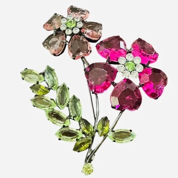 AVON Floral Rhinestone Brooch in Pink & Green Large Cottagecore Coquette - Picture 2 of 3